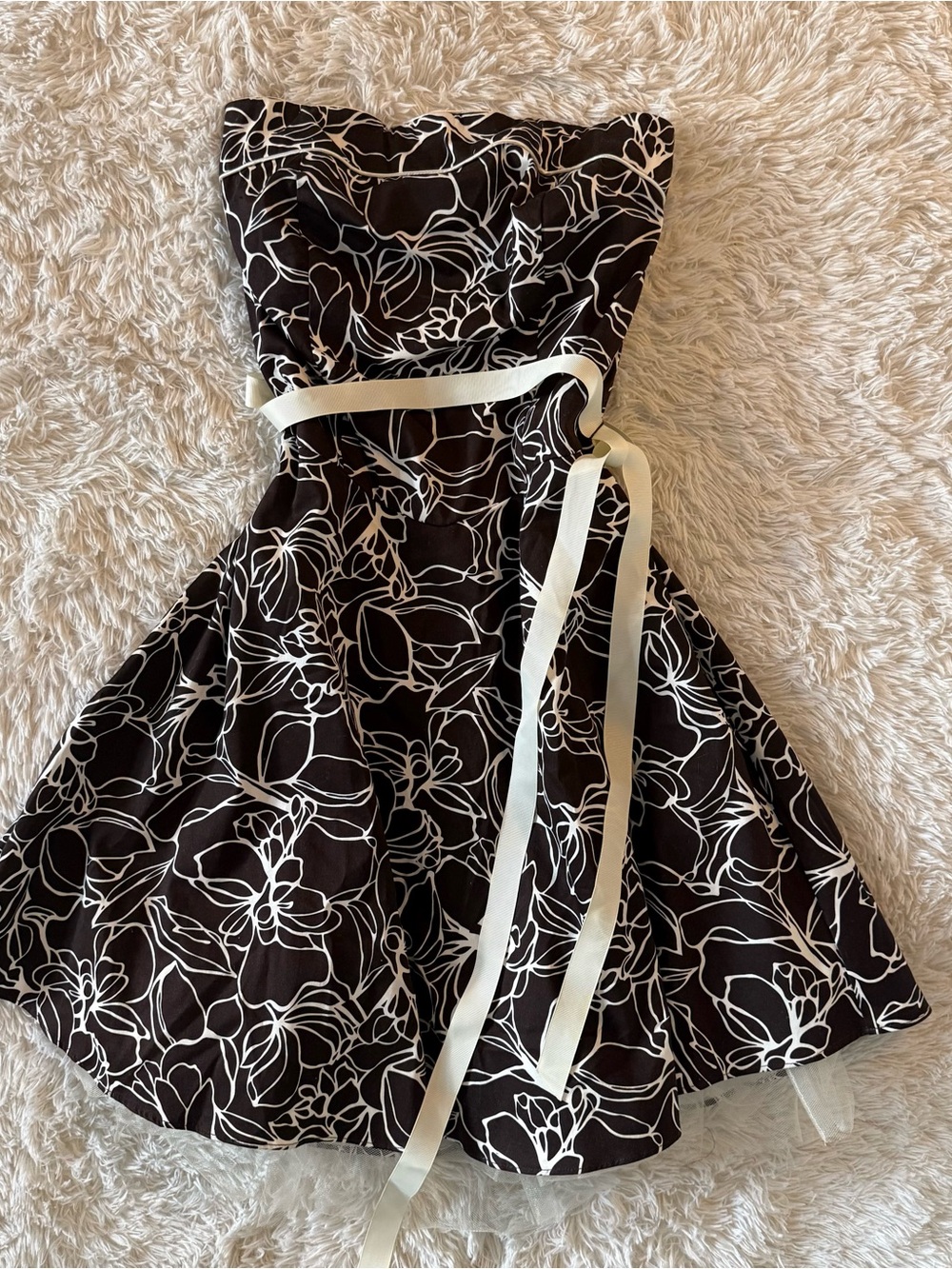 Y2K Brown Floral Strapless Dress with Cream Ribbon